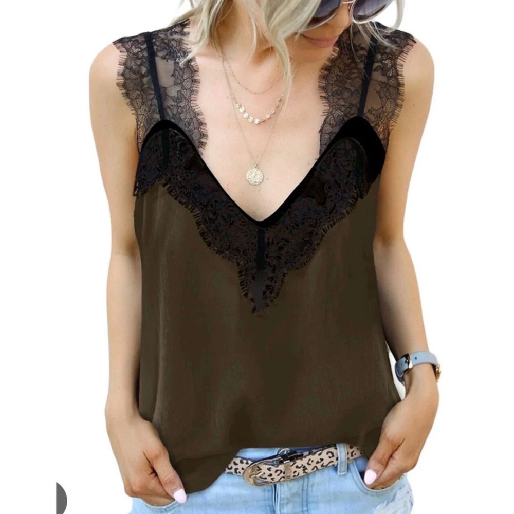 Olive Green Black Lace Trim V-Neck Cami Tank Top large